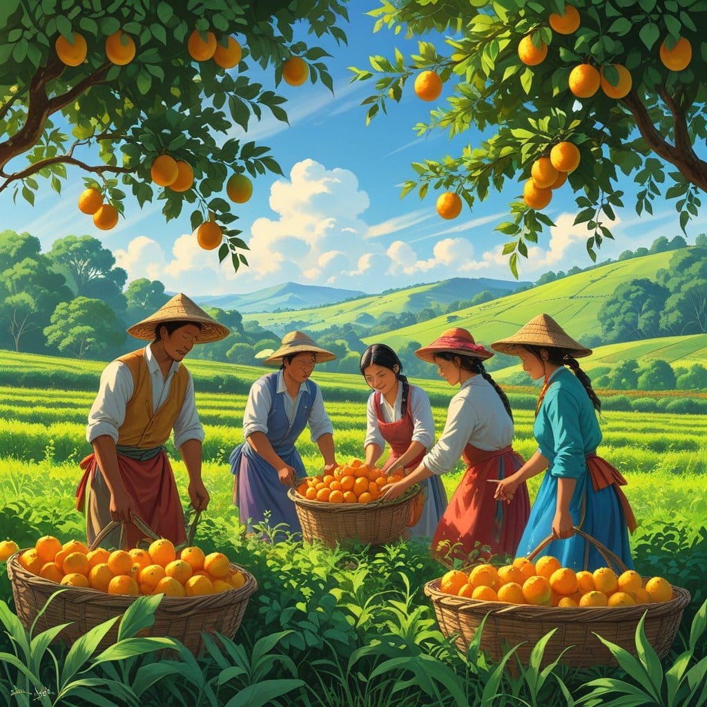 Agricultura familiar: camponeses colhendo frutas frescas em um campo verdejante, com um céu azul ao fundo. Mostre diversidade cultural e a conexão humana com a terra.