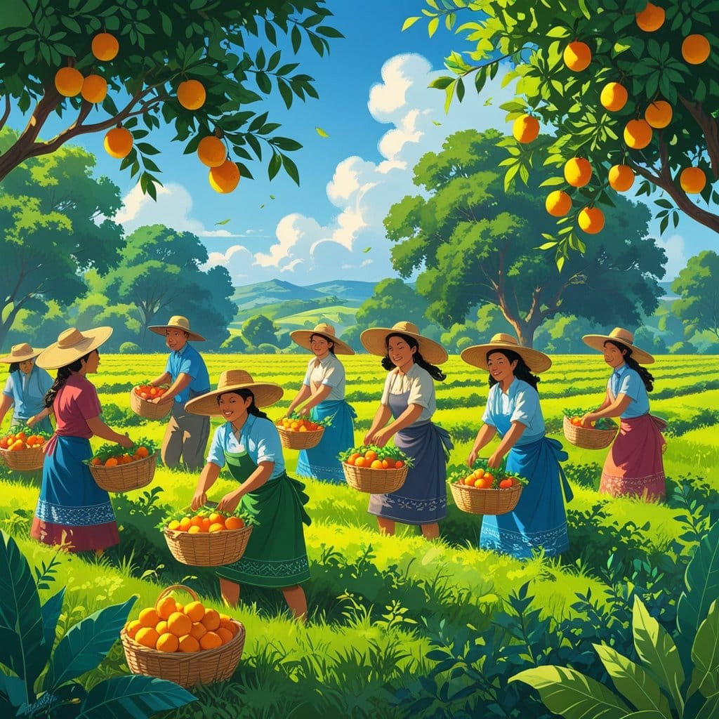 Agricultura familiar: camponeses colhendo frutas frescas em um campo verdejante, com um céu azul ao fundo. Mostre diversidade cultural e a conexão humana com a terra.