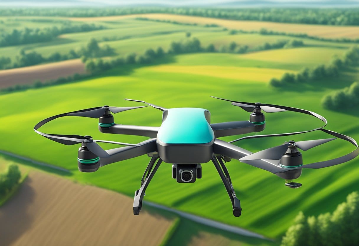 Agricultura de precisão otimiza recursos, aumenta produtividade e reduz impactos ambientais. Um pequeno drone de baixo custo sobrevoa um campo verdejante, equipado com tecnologia de agricultura de precisão para monitorar e otimizar o crescimento das culturas.