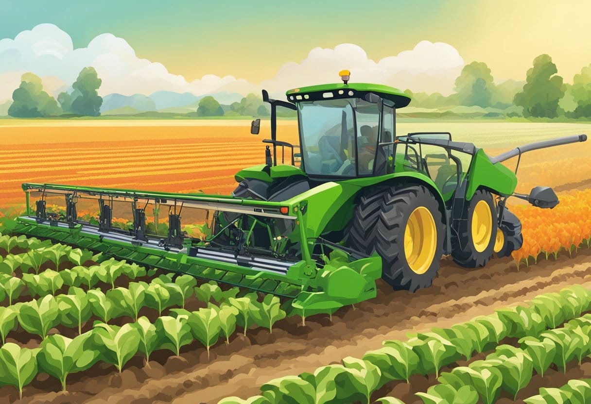 Agricultura de precisão. Um campo diversificado de culturas com equipamentos de agricultura de precisão em uso, exibindo tecnologia de baixo custo