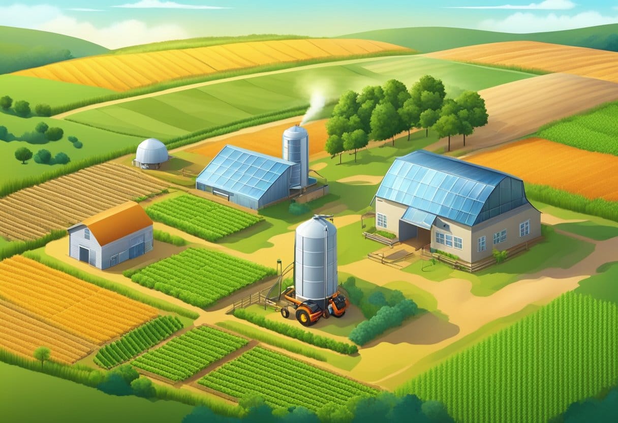 Agricultura de precisão. Uma pequena fazenda rural com tecnologia e maquinário avançados para agricultura de precisão de baixo custo, cercada por campos de cultivo e um futuro brilhante e promissor.
