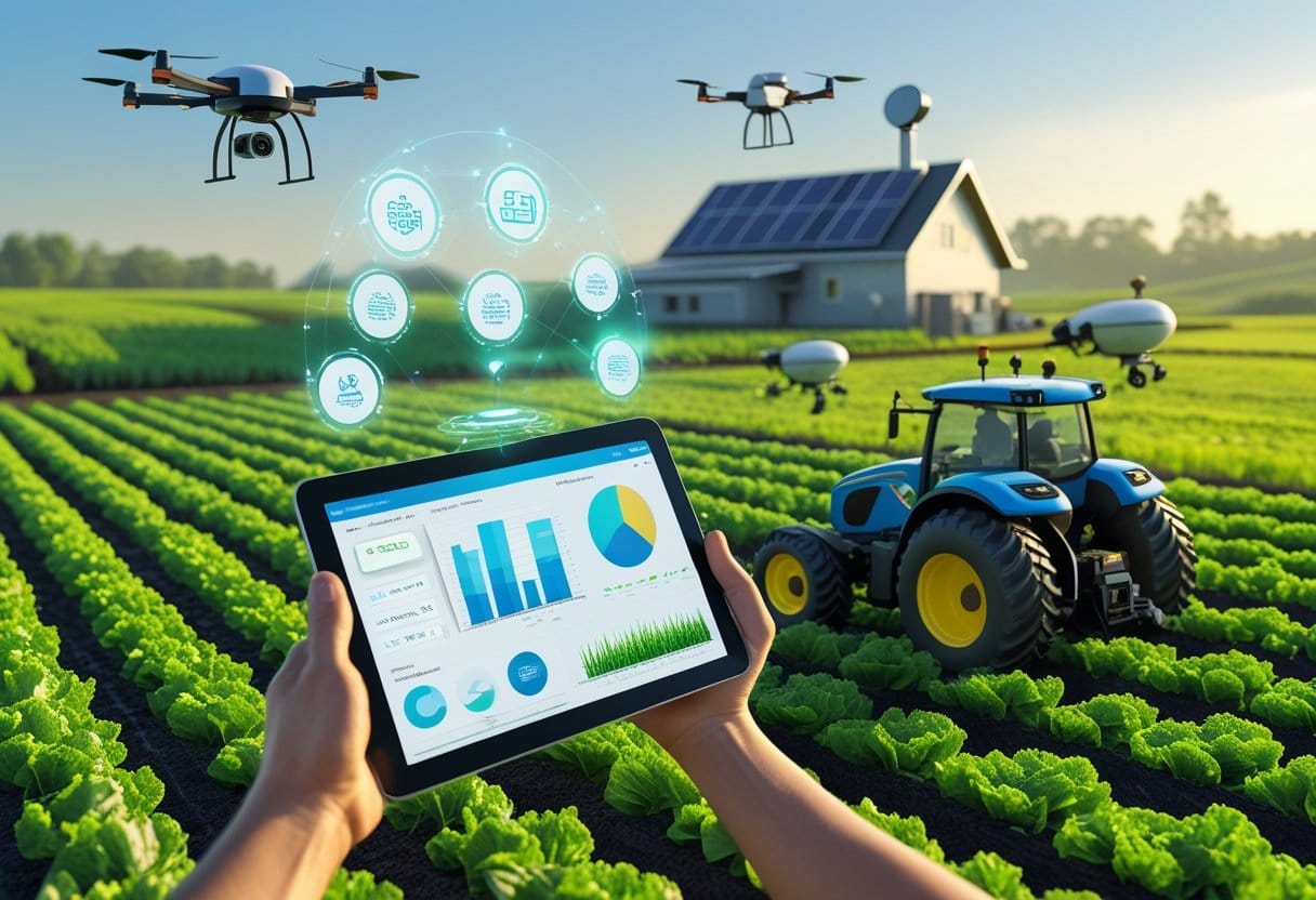 aplicativos rurais: Um agricultor em um campo verde segurando um tablet com dados digitais, cercado por máquinas agrícolas avançadas, drones voando e uma fazenda moderna ao fundo.