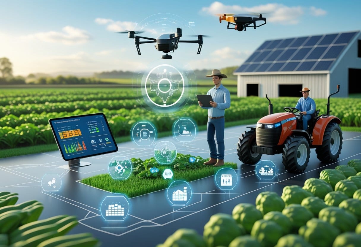 aplicativos rurais: Cena de uma fazenda moderna com um agricultor usando um tablet e ícones holográficos representando diferentes tipos de softwares rurais ao redor, com campos verdes, trator, drone e celeiro ao fundo.