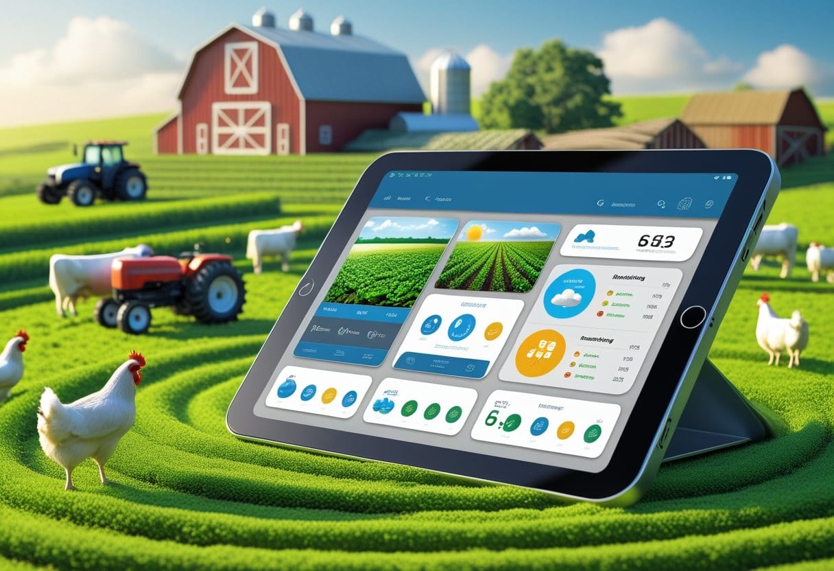 aplicativos rurais: Dispositivo digital mostrando funcionalidades essenciais para aplicativos rurais, rodeado por uma paisagem rural com campos verdes, máquinas agrícolas, um celeiro e animais.