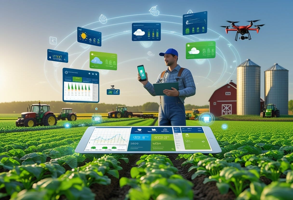 aplicativos rurais: Um agricultor em um campo verde segurando um tablet com ícones e gráficos digitais, cercado por interfaces holográficas mostrando mapas e dados agrícolas, com tratores e drones trabalhando ao fundo em uma fazenda.