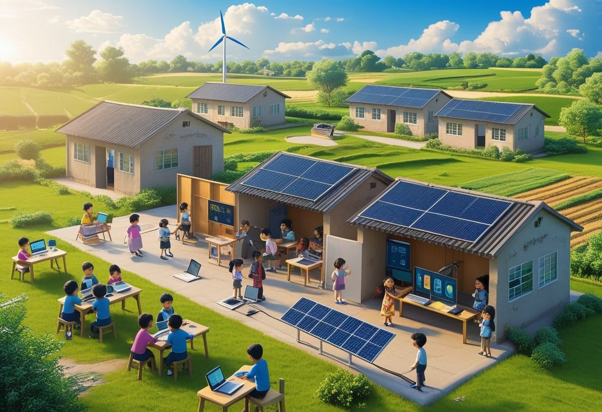 Educação tecnológica: Panorama de escolas rurais com crianças usando tecnologia como laptops e tablets em meio a uma paisagem verde e ensolarada.