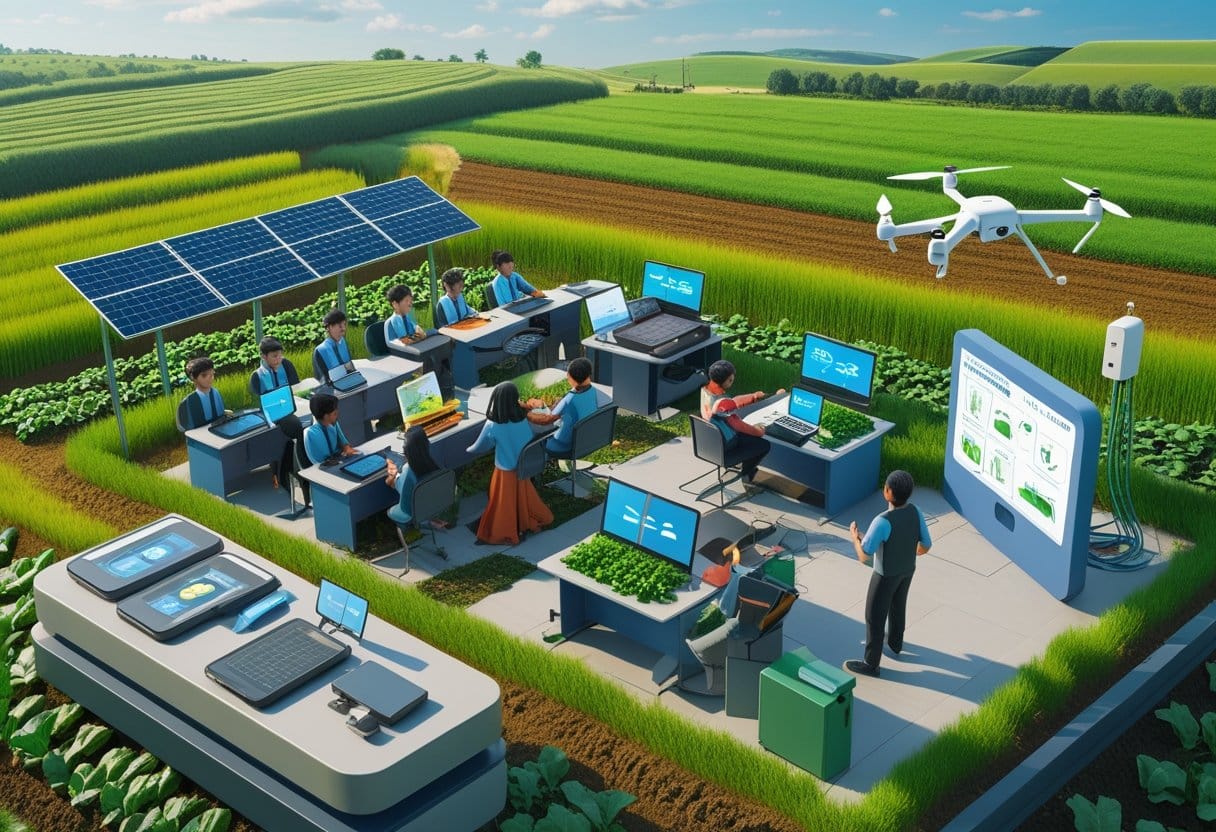 Educação tecnológica: Sala de aula ao ar livre em área rural com estudantes usando tablets e laptops, professor orientando, drones voando e painéis solares ao redor, mostrando tecnologia aplicada na educação no campo.