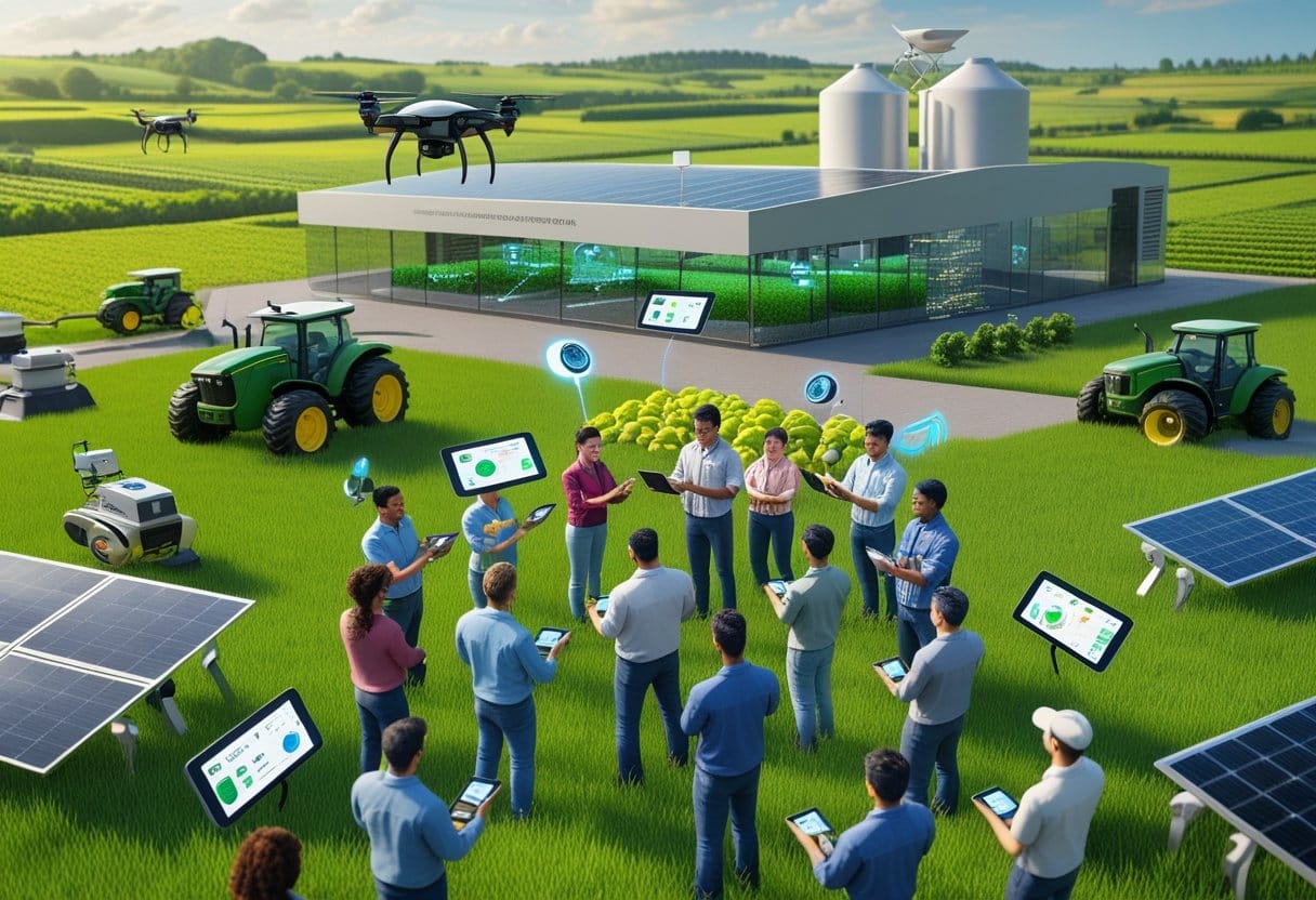 Educação tecnológica: Campo agrícola com máquinas modernas, agricultores usando dispositivos digitais e um centro de pesquisa agrícola ao fundo.