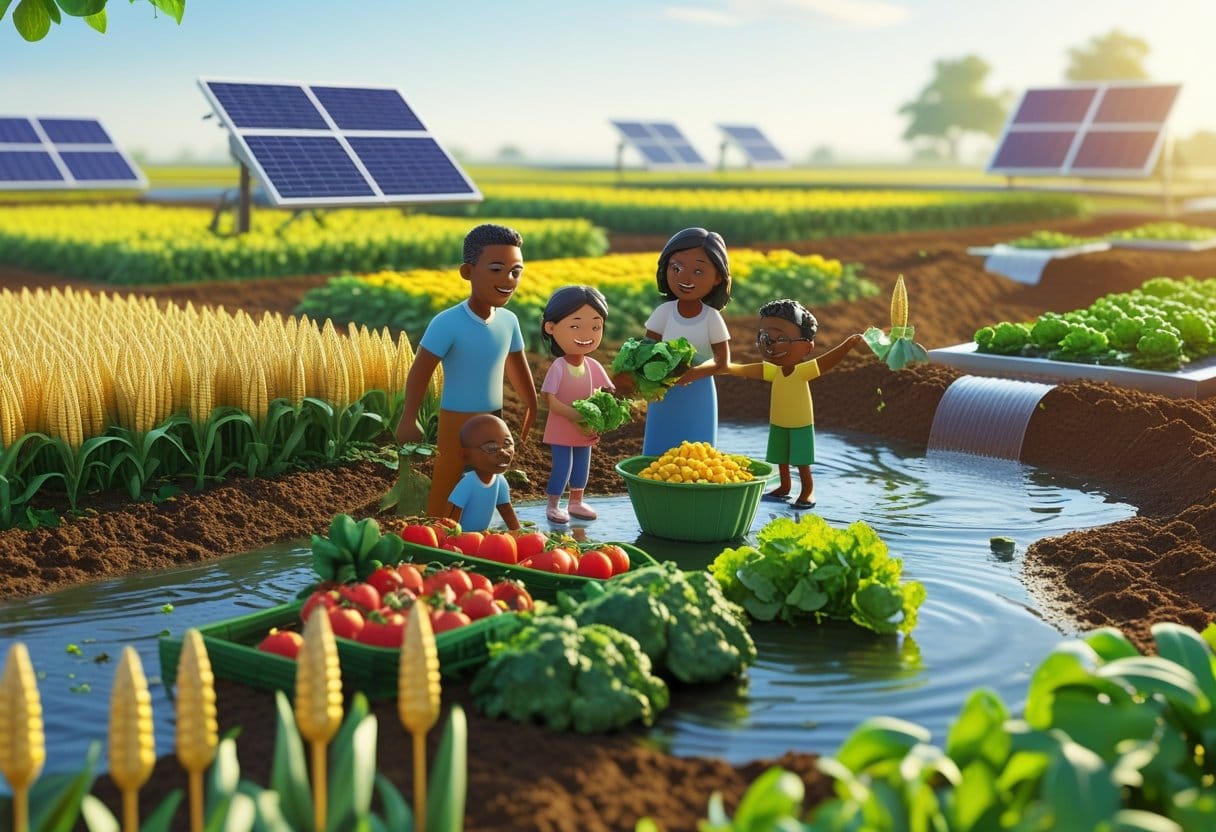 Segurança alimentar: Uma família colhendo alimentos frescos em uma fazenda com plantações saudáveis, água limpa e tecnologias agrícolas sustentáveis ao fundo.