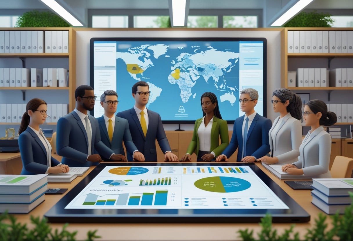 Segurança alimentar: Profissionais reunidos em um escritório moderno discutindo políticas públicas e segurança alimentar, com gráficos digitais e símbolos legais ao redor.