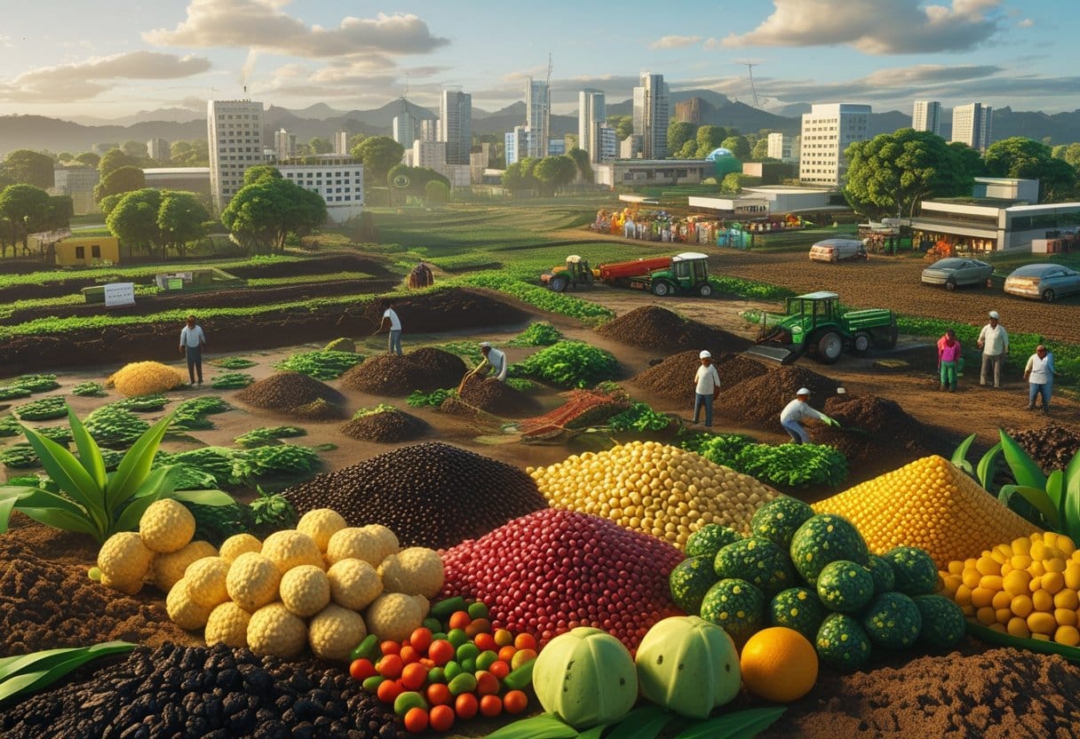 Segurança alimentar: Cena mostrando agricultores brasileiros cultivando alimentos variados em uma paisagem que combina áreas rurais e urbanas, com elementos que representam desafios ambientais e sociais da segurança alimentar.