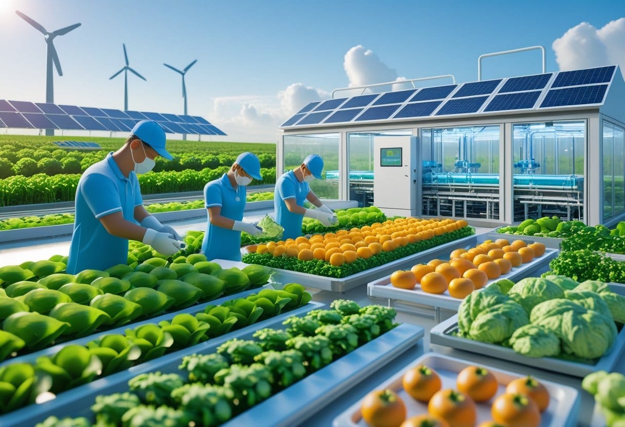 Segurança alimentar: Cena de uma fazenda sustentável com plantações verdes, agricultores inspecionando frutas e vegetais frescos, painéis solares e turbinas eólicas ao fundo, e uma instalação de processamento de alimentos limpa e moderna.