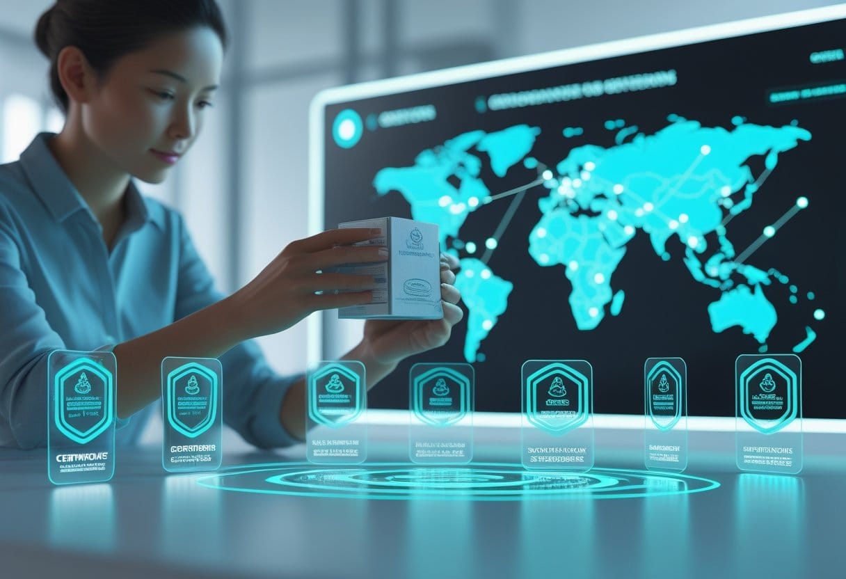 Certificação: Pessoa examinando um produto com ícones holográficos de certificação e mapa digital mostrando a origem dos produtos ao fundo.