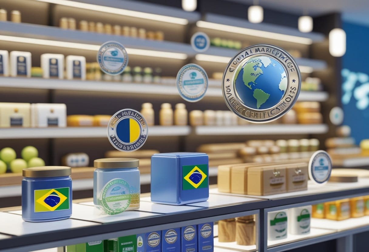 Certificação: Cena de mercado global com produtos certificados do Brasil e do exterior exibidos em prateleiras, mostrando a importância de verificar a origem e certificação dos produtos.