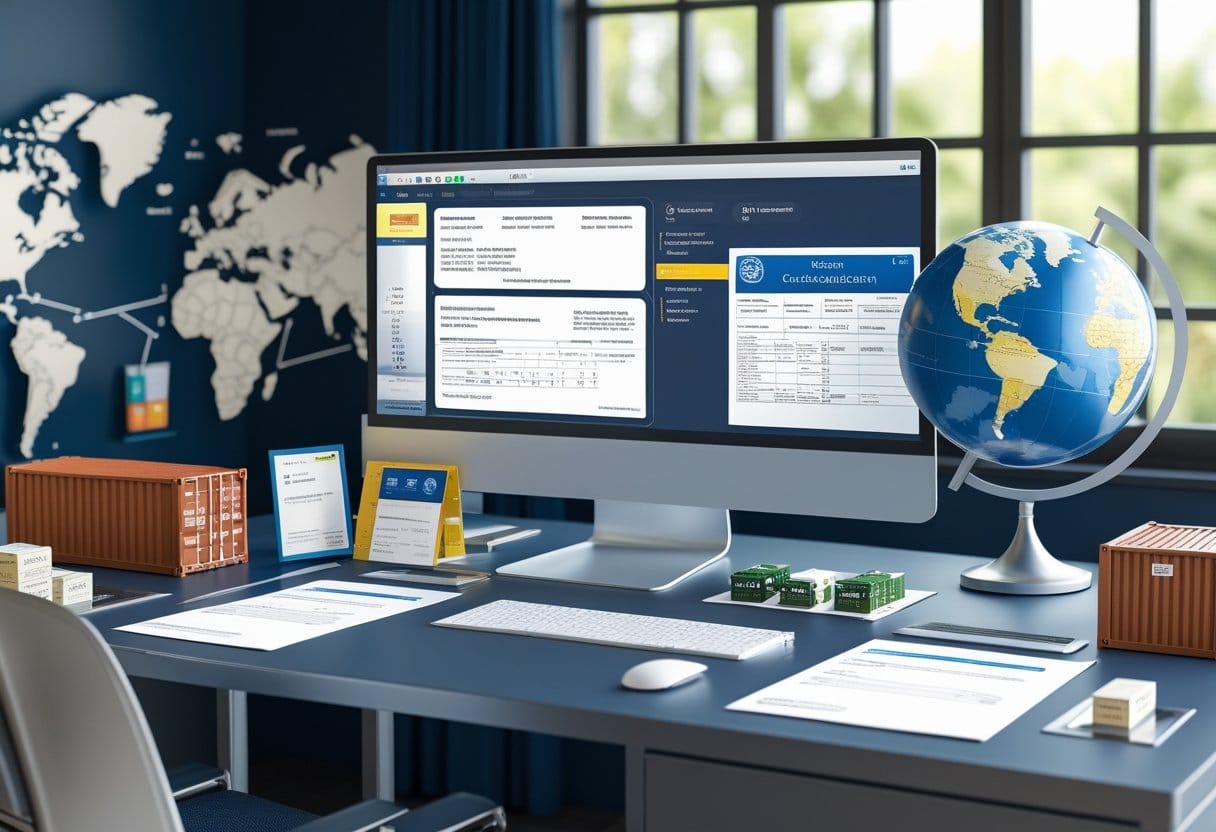 Certificação: Uma mesa de trabalho organizada com documentos, amostras de produtos, um computador mostrando certificados digitais, um globo e um mapa mundi, representando a verificação de origem e certificação de produtos para importação e exportação.