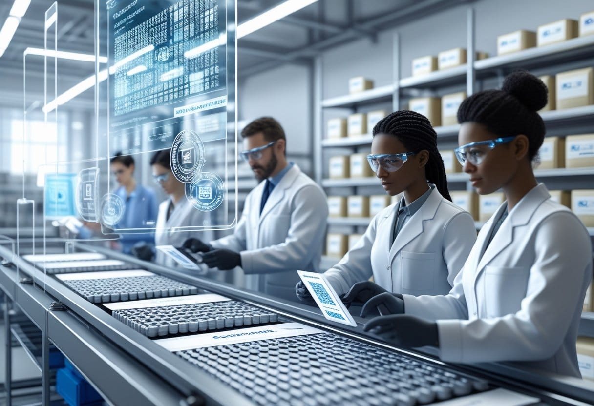 Certificação: Ambiente de controle de qualidade com profissionais verificando produtos em uma linha de produção, telas digitais exibindo dados e etiquetas de certificação.