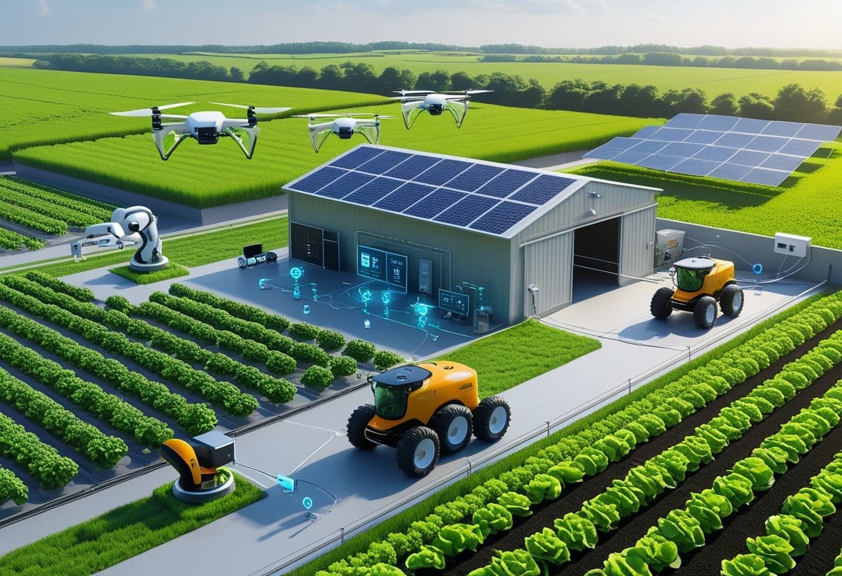 Automatização de processos agrícolas: Fazenda rural com máquinas agrícolas automatizadas, drones voando sobre campos cultivados, sistemas de irrigação inteligentes e painéis solares, mostrando uma propriedade rural moderna e eficiente.
