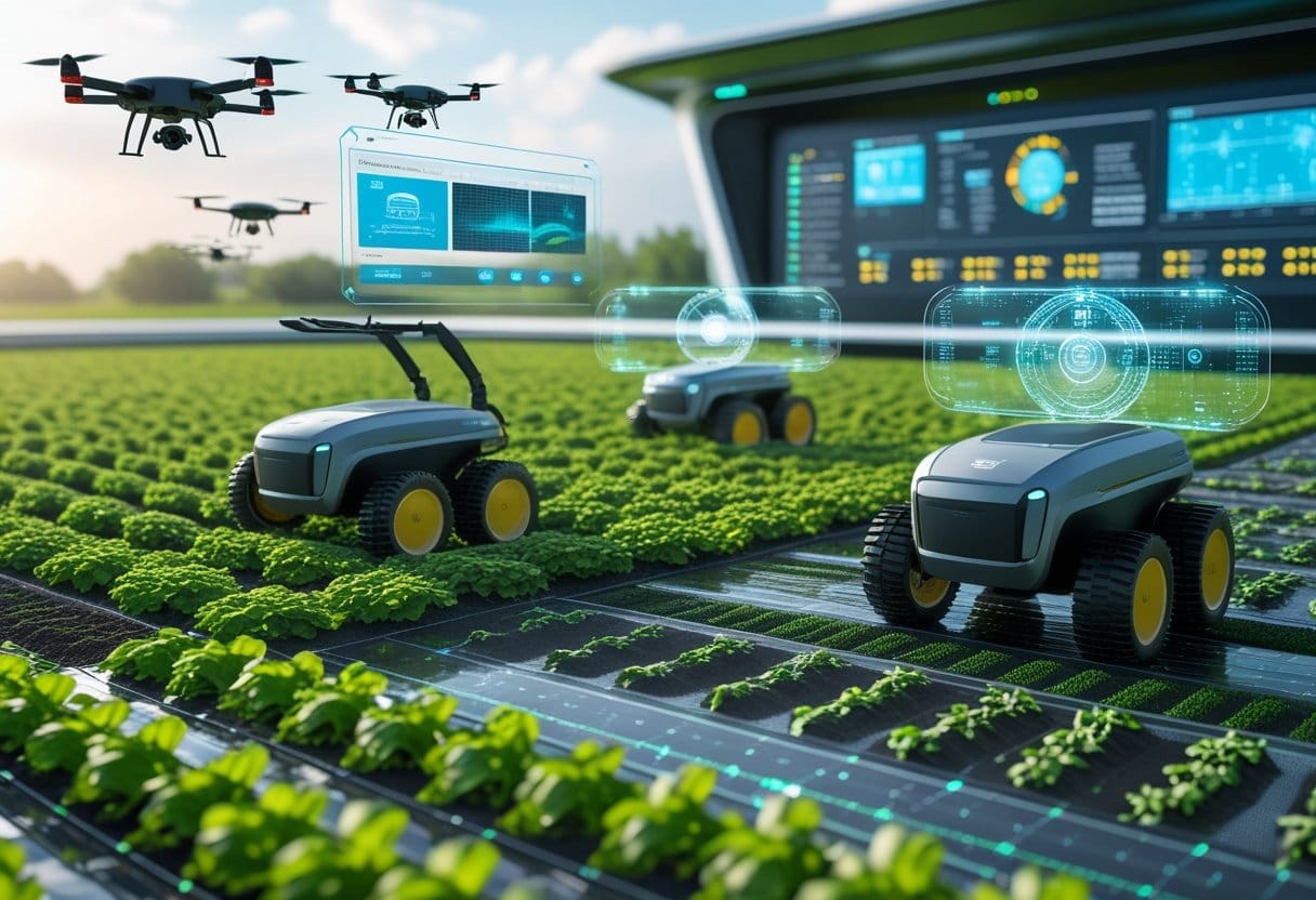 Automatização de processos agrícolas: Campo agrícola moderno com máquinas automatizadas, drones sobrevoando, tratores robóticos trabalhando e sistemas de irrigação inteligentes cuidando das plantações.