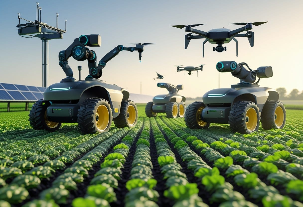 Automatização de processos agrícolas: Campo agrícola com tratores robóticos autônomos e drones trabalhando na colheita e irrigação automatizada.