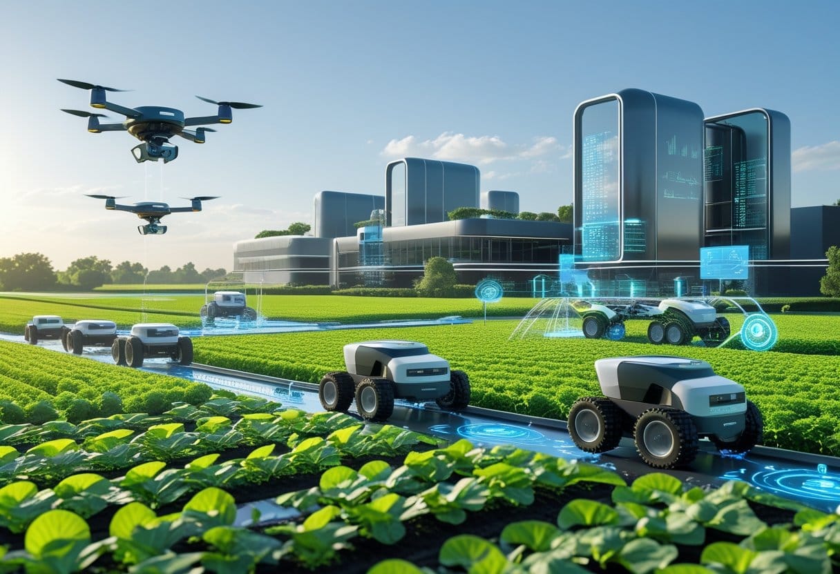 Automatização de processos agrícolas: Cena de uma fazenda moderna com máquinas agrícolas automatizadas, drones voando sobre os campos e sistemas inteligentes de irrigação em funcionamento, representando a automação de processos agrícolas.
