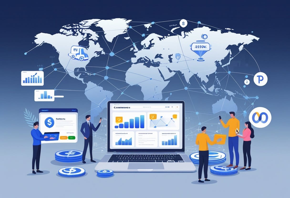 Comércio eletrônico: Ilustração de um ambiente de trabalho moderno com laptop mostrando site de comércio eletrônico, ícones digitais de compras online, um globo conectado representando o mercado digital global, gráficos de tendências e pessoas usando tecnologia.