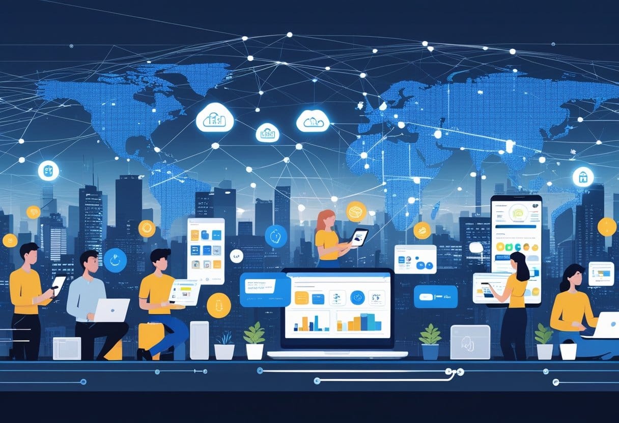 Comércio eletrônico: Panorama de um mercado digital com pessoas usando dispositivos eletrônicos para comércio online e elementos tecnológicos ao redor.