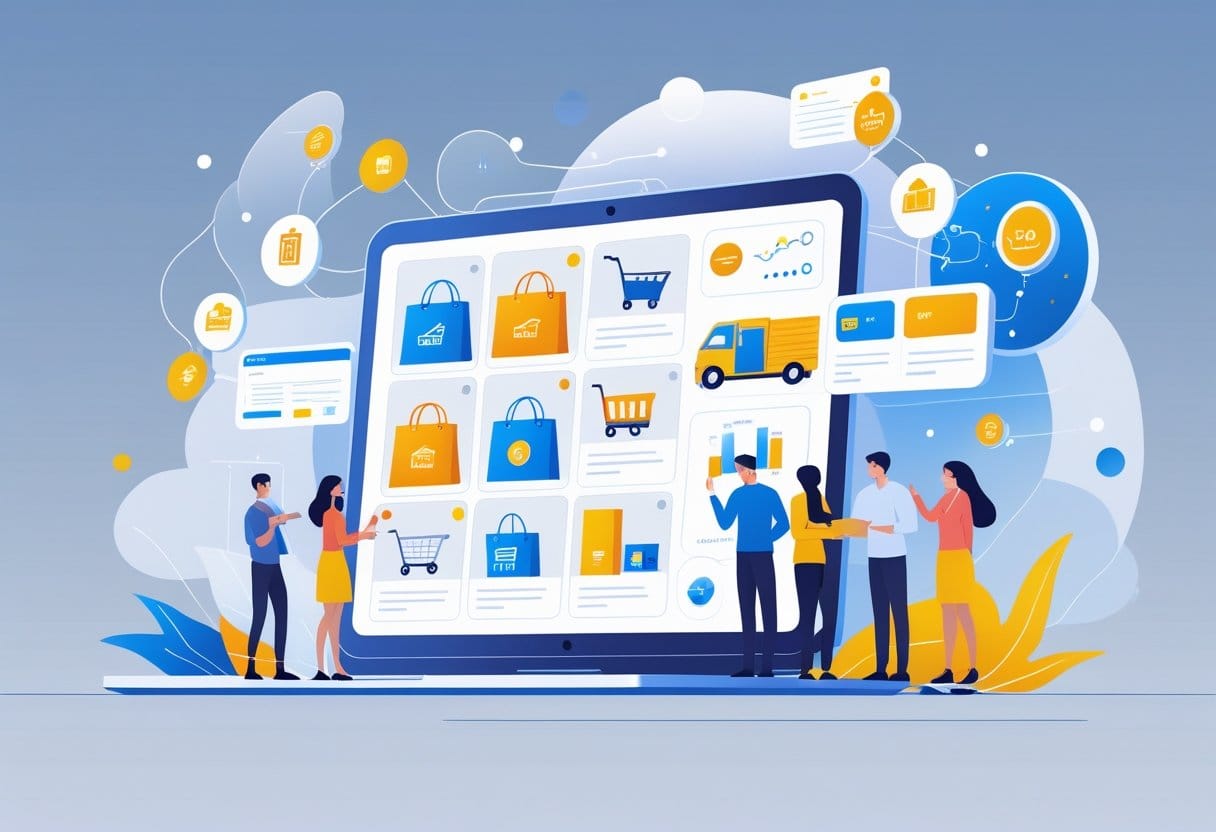 Comércio eletrônico: Ilustração mostrando pessoas usando dispositivos digitais para comprar e vender produtos em plataformas online, com ícones relacionados ao comércio eletrônico ao redor.