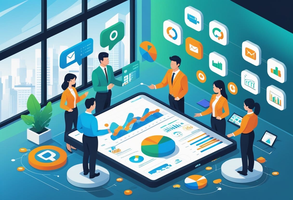Comércio eletrônico: Equipe de profissionais trabalhando em uma mesa digital com gráficos e ícones de marketing digital em um escritório moderno.
