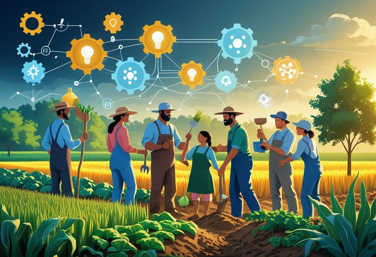 Cooperativismo: Grupo de agricultores familiares trabalhando juntos em uma paisagem rural produtiva, compartilhando ferramentas e ideias, com símbolos de inovação conectados ao fundo.