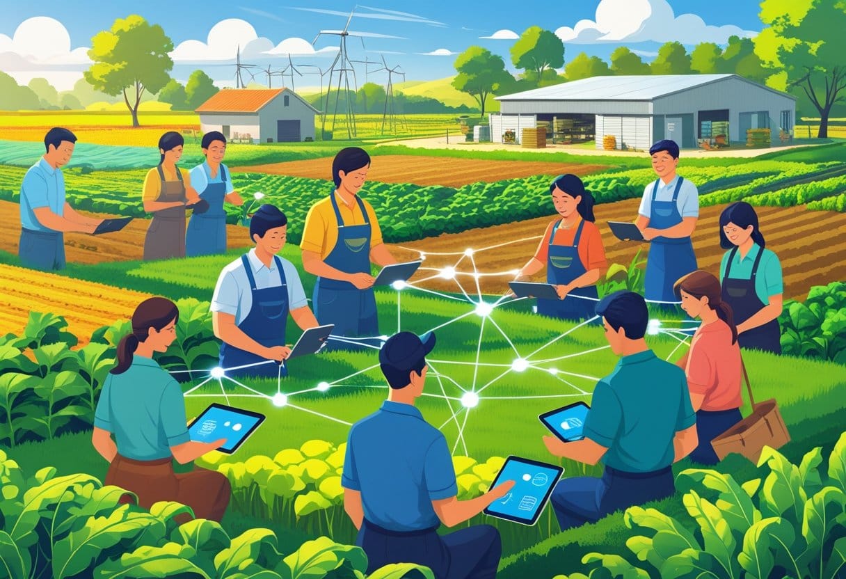 Cooperativismo: Agricultores familiares trabalhando juntos em uma fazenda, usando dispositivos digitais e conectados por linhas que simbolizam redes de inovação, com instalações cooperativas ao fundo.