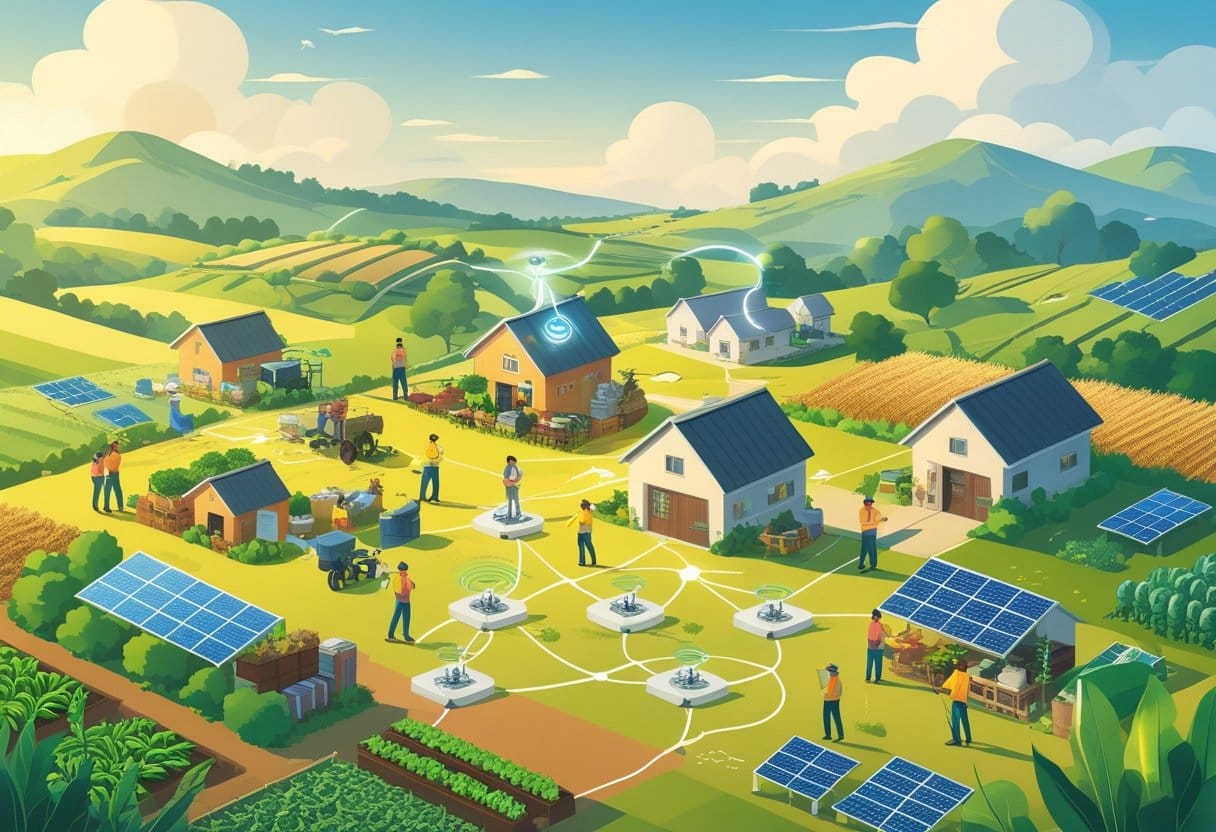 Cooperativismo: Cena de agricultores familiares trabalhando juntos em uma paisagem rural, trocando produtos e utilizando tecnologia agrícola moderna, simbolizando cooperação e inovação.
