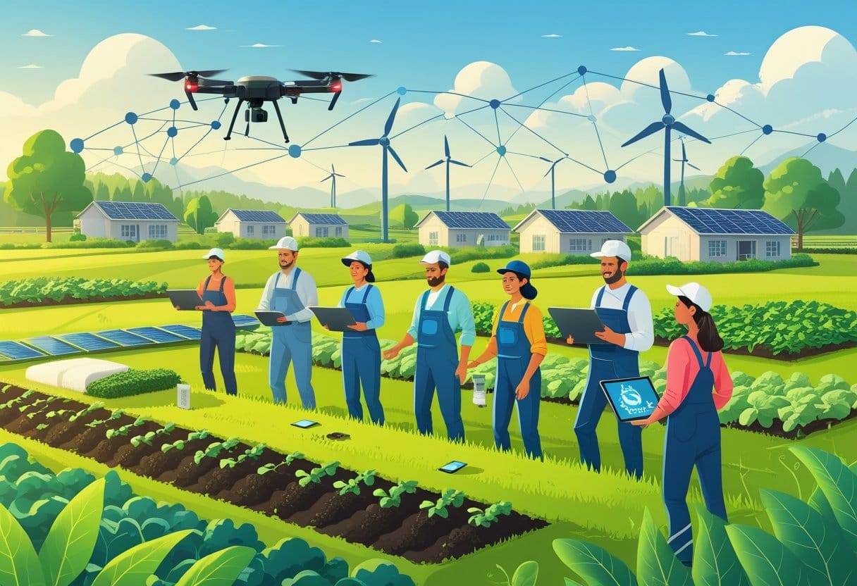Cooperativismo: Agricultores familiares trabalhando juntos em um campo verde com tecnologia agrícola moderna, como drones e tablets, cercados por símbolos de redes de inovação e cooperativas, com painéis solares e turbinas eólicas ao fundo.