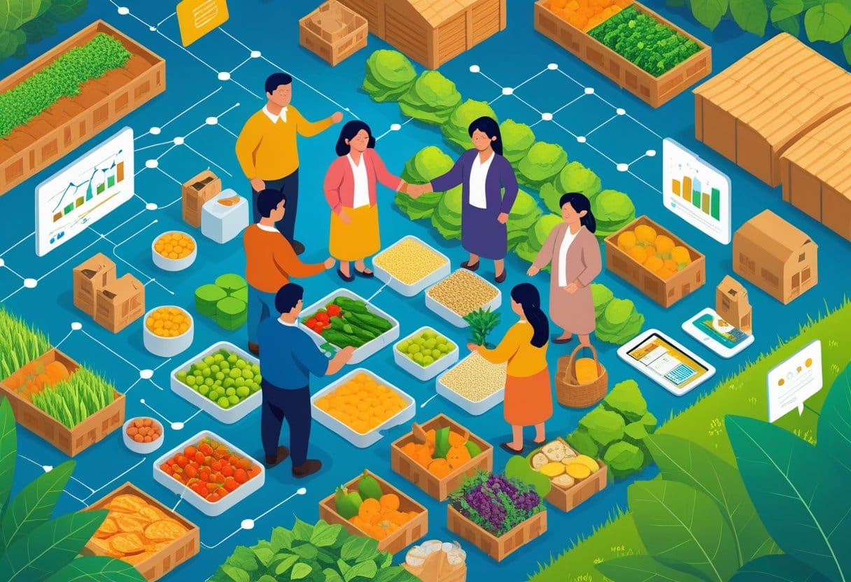 Cooperativismo: Cena de agricultores familiares vendendo produtos frescos em um mercado ao ar livre, com elementos que representam cooperação, inovação e conexão entre eles.