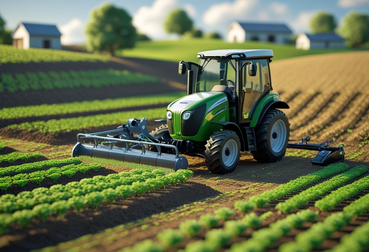 Mecanização: Cena de uma pequena fazenda com um trator compacto e equipamentos agrícolas adaptados, mostrando plantações organizadas e edificações rurais ao fundo.