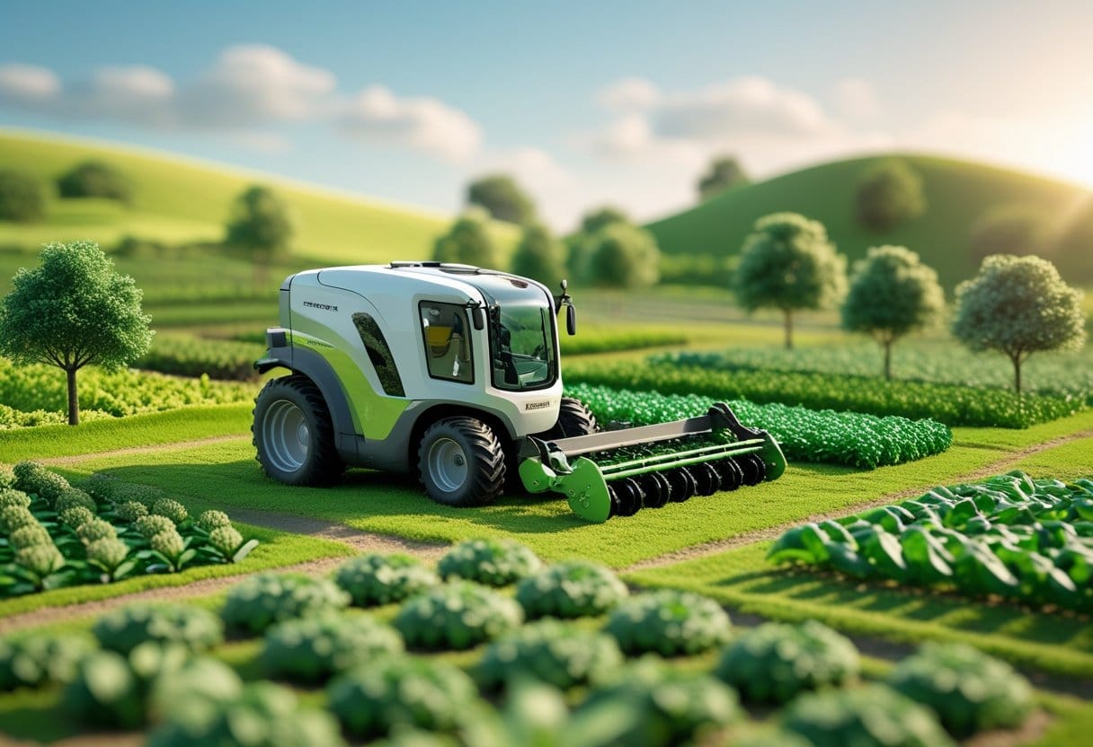 Mecanização:Cena de uma pequena fazenda com máquina agrícola leve trabalhando em uma plantação verde, mostrando práticas sustentáveis e produtividade em propriedade pequena.