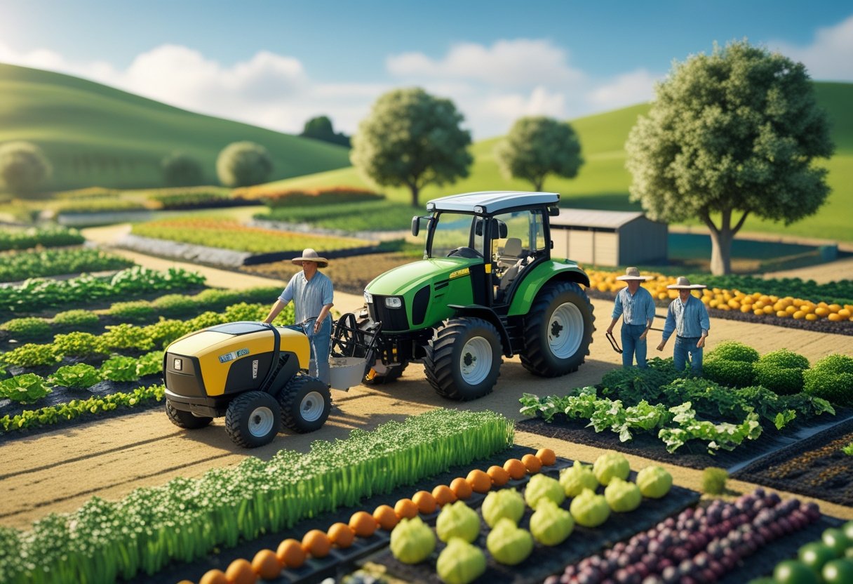 Mecanização: Uma pequena fazenda familiar com um trator compacto e equipamentos agrícolas leves, agricultores cuidando das plantações em um terreno verde com colinas ao fundo.