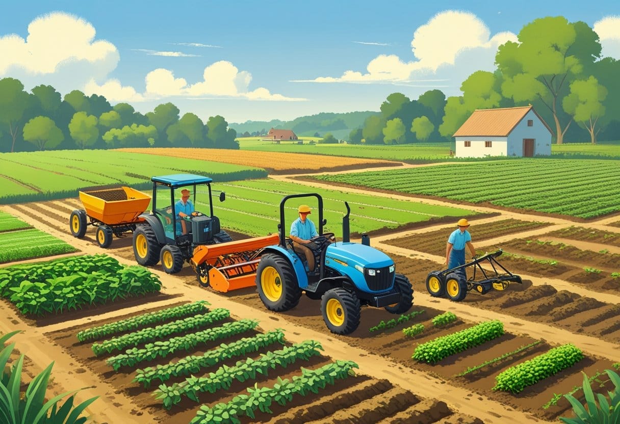 Mecanização: Pequena propriedade rural com um trator compacta trabalhando na terra, plantações cultivadas e um agricultor cuidando das plantações, com uma casa simples ao fundo.
