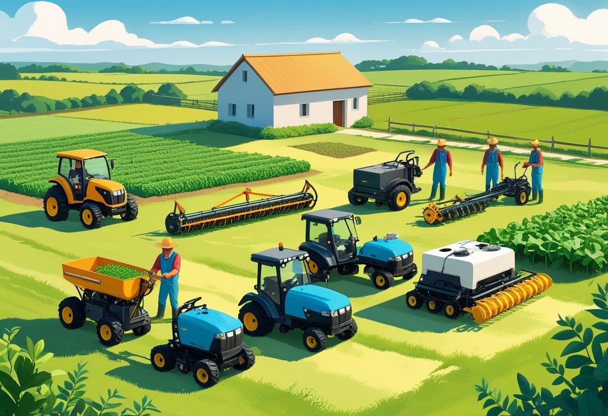 Mecanização: Máquinas agrícolas modernas e compactas em uma pequena propriedade rural com agricultores trabalhando nos equipamentos.