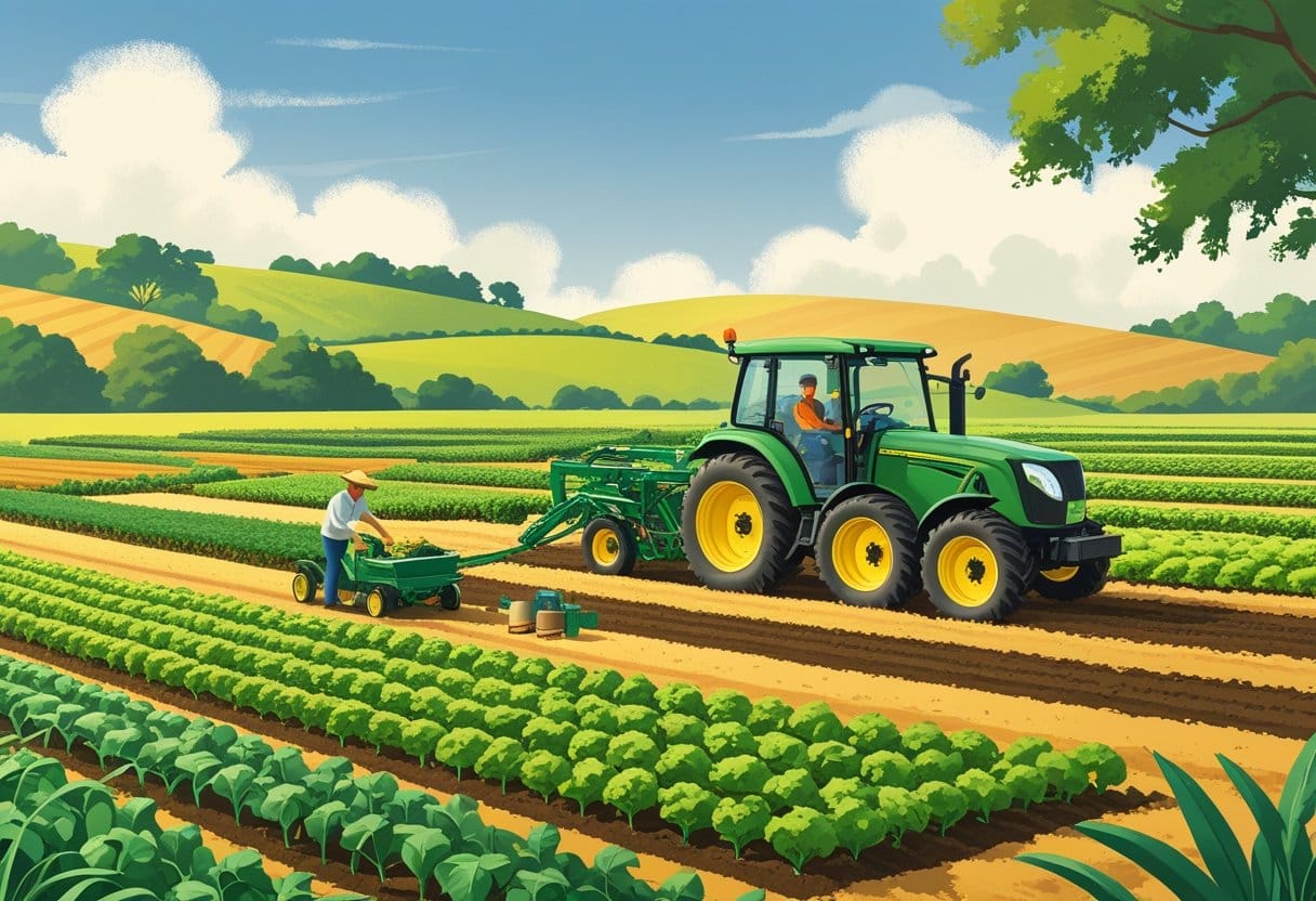 Mecanização: Um trator pequeno trabalhando em um campo agrícola com fileiras organizadas de plantas, um agricultor operando a máquina, e uma paisagem rural ao fundo com árvores e colinas suaves.