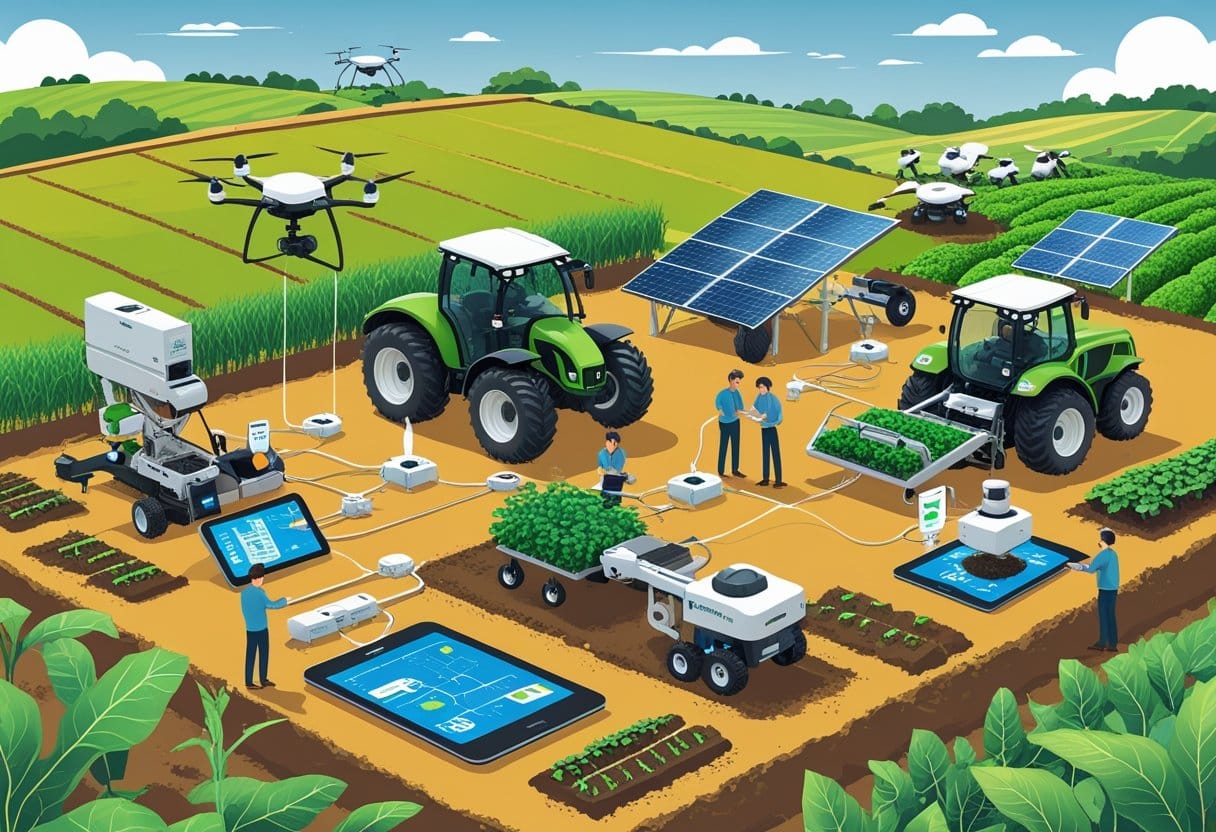 Mecanização: Pequena fazenda rural com agricultores usando máquinas modernas, drones voando, painéis solares e sensores no solo, mostrando inovação na mecanização agrícola.