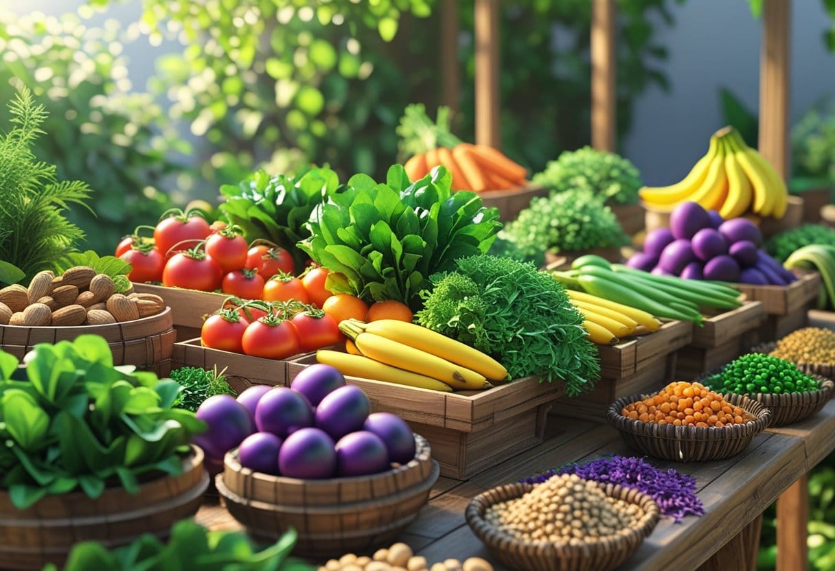 Alimentos orgânicos: Mesa com diversos alimentos orgânicos frescos, como frutas e legumes coloridos, em um ambiente iluminado pela luz natural.