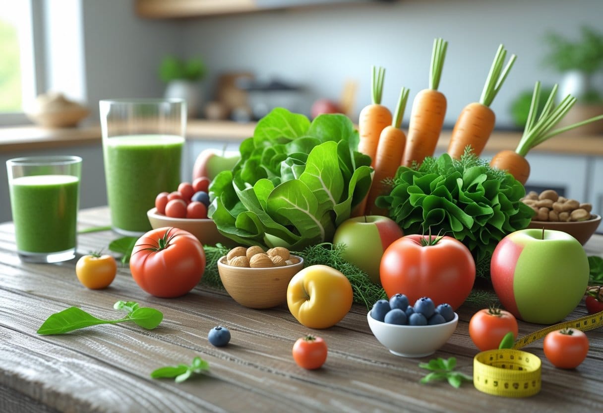 Alimentos orgânicos: Mesa com variedade de frutas e legumes orgânicos frescos, com um copo de smoothie verde e um medidor ao lado, representando alimentação saudável.