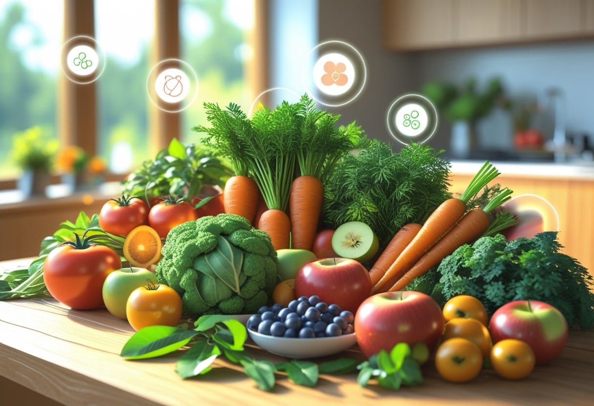 Alimentos orgânicos: Mesa com diversos alimentos orgânicos frescos, como frutas e verduras, em uma cozinha moderna iluminada pela luz natural.