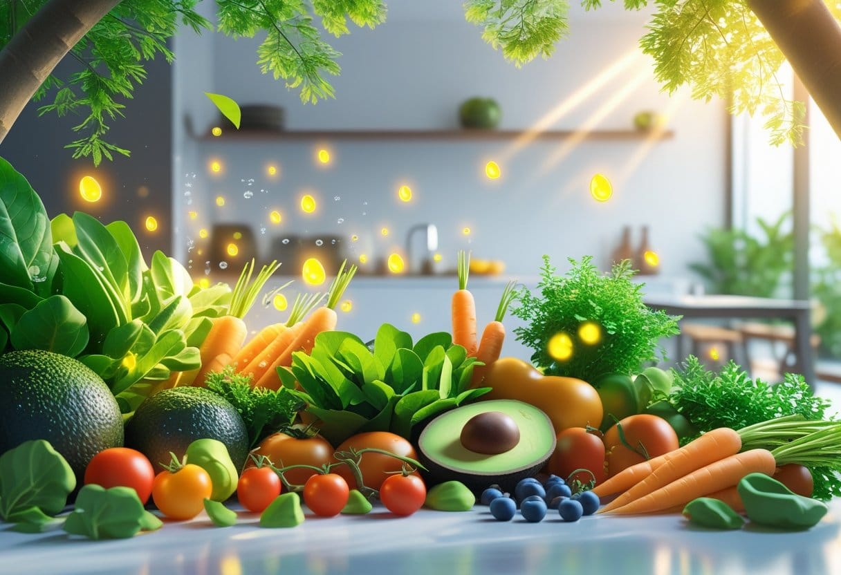 Alimentos orgânicos: Uma seleção vibrante de frutas e vegetais orgânicos frescos dispostos em um ambiente natural, com elementos que representam saúde e vitalidade, em uma cozinha moderna ao fundo.