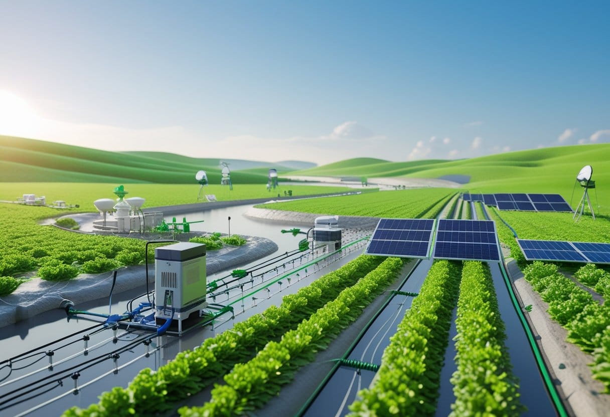 agropecuária irrigada: Paisagem agrícola irrigada sustentável com plantações verdes, sistemas de irrigação modernos, painéis solares e reservatório de água em um dia ensolarado.