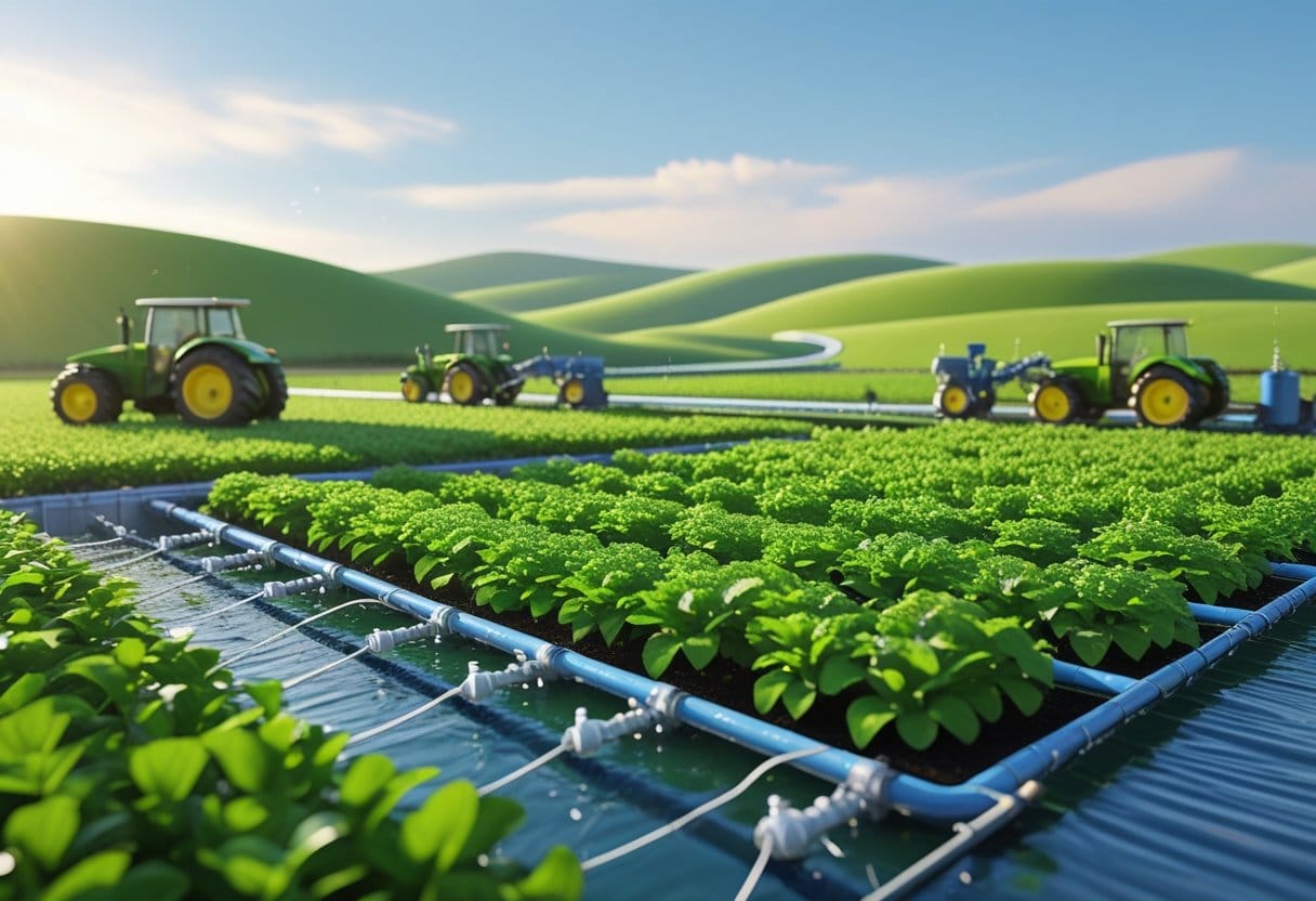 agropecuária irrigada: Campo agrícola irrigado com sistemas de irrigação ativos, máquinas agrícolas e plantações verdes sob um céu azul claro.