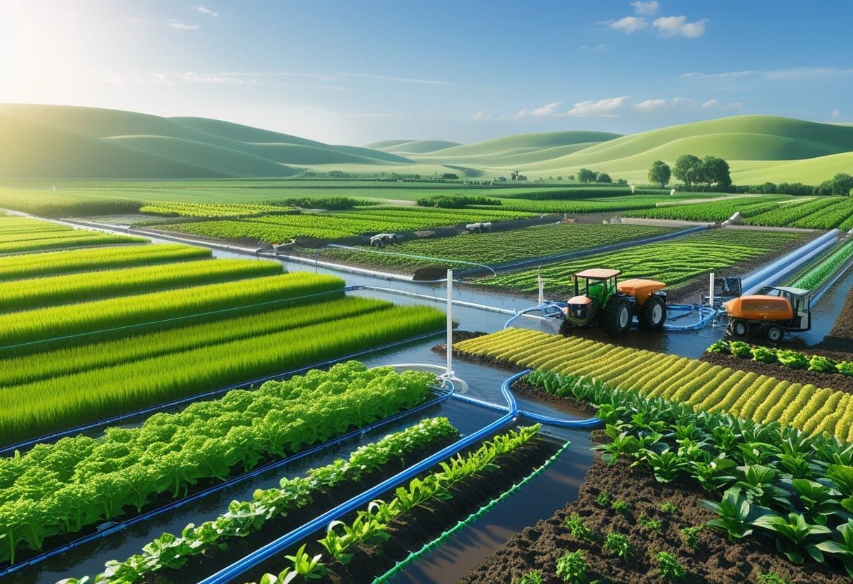 agropecuária irrigada: Paisagem agrícola irrigada com plantações verdes, máquinas agrícolas e agricultores trabalhando em um campo sustentável.