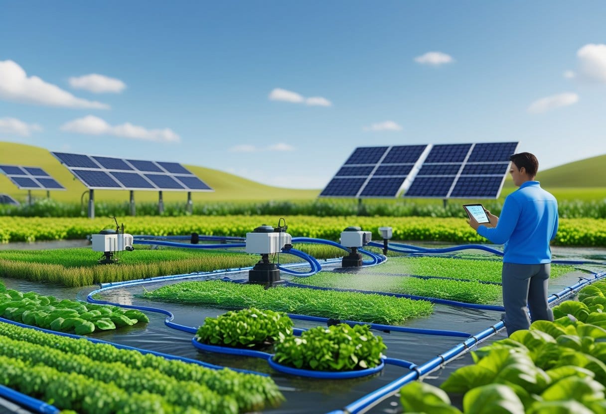 agropecuária irrigada: Fazenda irrigada sustentável com sistemas modernos de irrigação, campos verdes, painéis solares e um agricultor inspecionando a plantação.