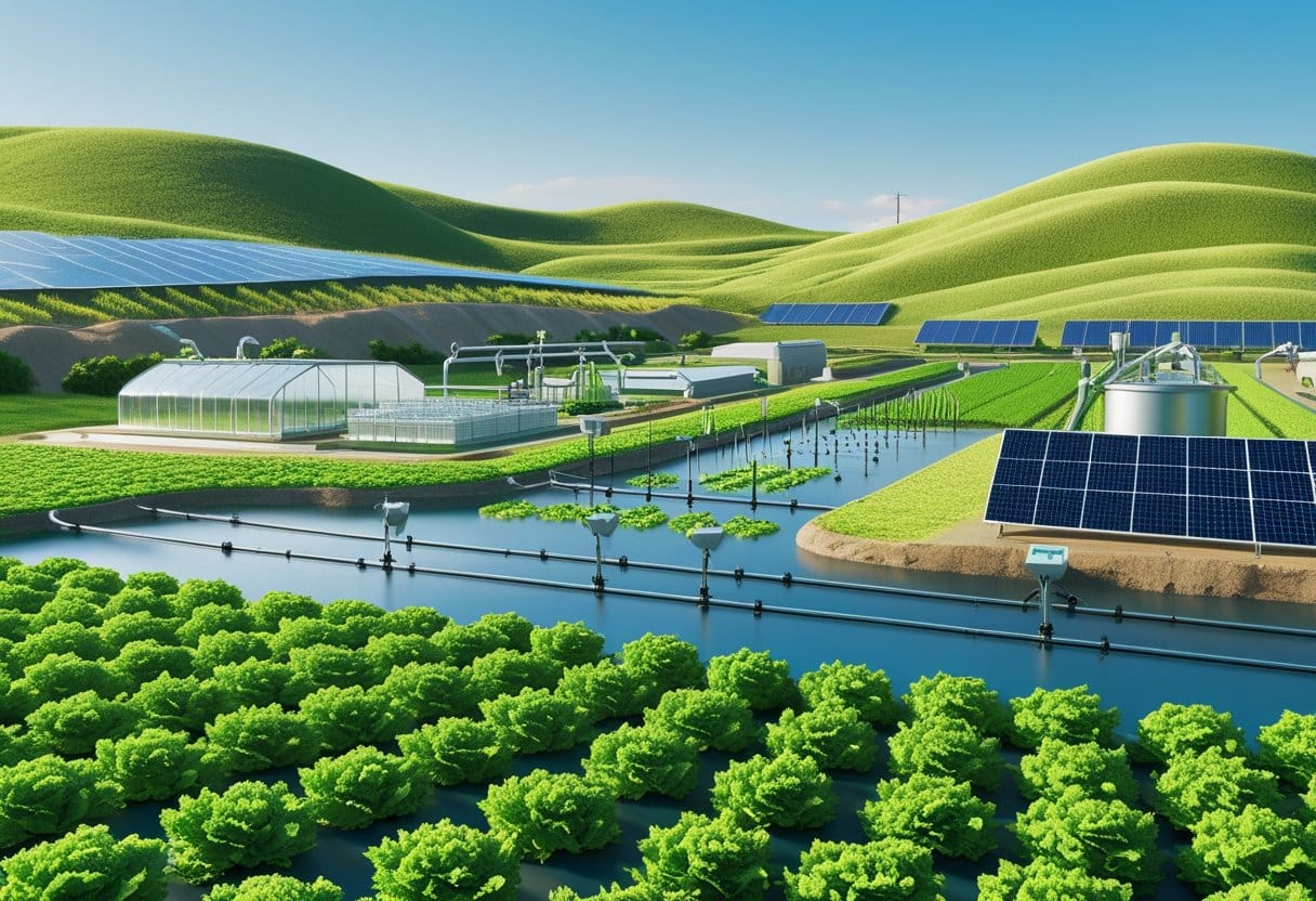 agropecuária irrigada: Paisagem agrícola irrigada com sistemas modernos de irrigação, plantações verdes, estufas, reservatórios de água e painéis solares em colinas suaves sob céu azul.