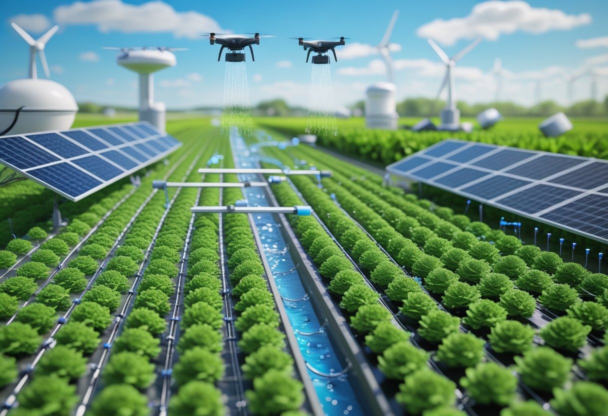 agropecuária irrigada: Fazenda irrigada sustentável com plantações verdes, sistemas de irrigação modernos, painéis solares, turbinas eólicas e drones sobrevoando os campos.